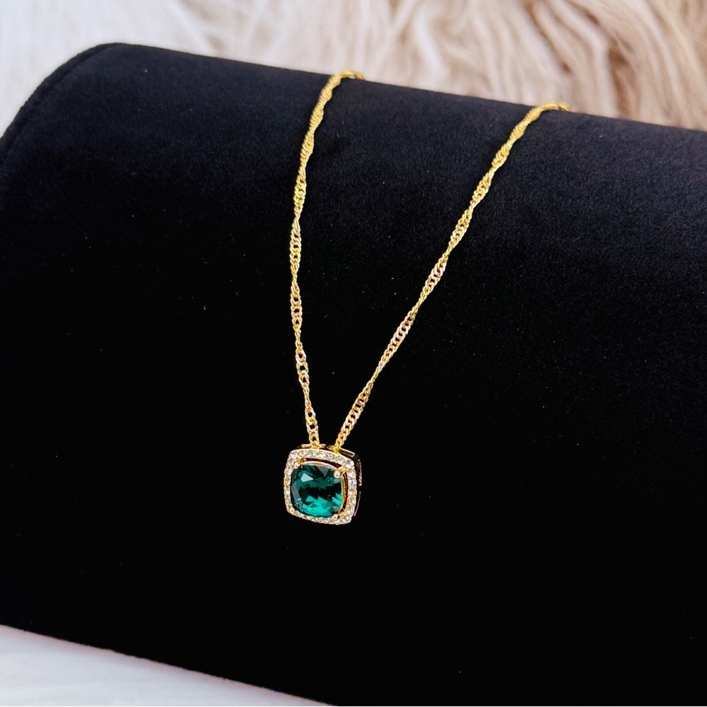 Goldtone Green Cushion Pendant Necklace with Halo Accents - Picture 8 of 8
